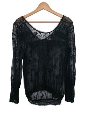 Free People Embroidered Black Sheer Lace Boho Long Sleeve Top Sz S